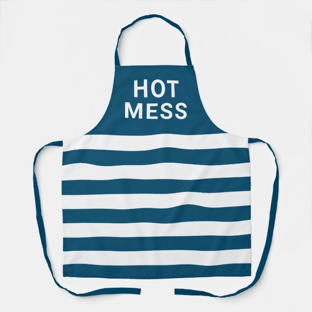 Funny Hot Mess Navy Blue White Stripes Baking  Apron (Front)
