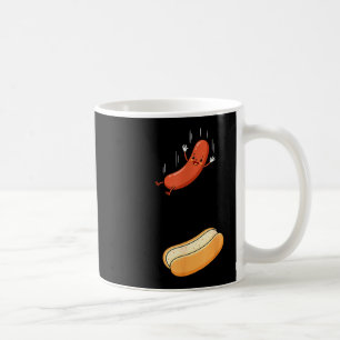 Funny hotdog sausage falling into hot dog bun bbq coffee mug