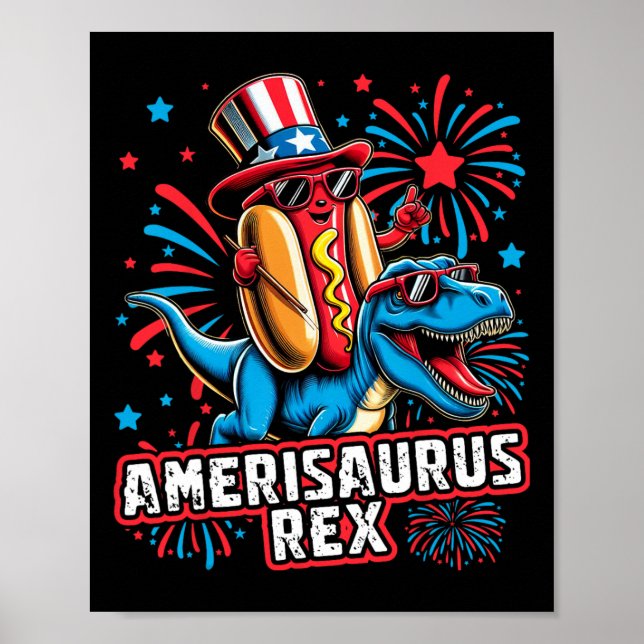 Funny Hotdog T Rex Dinosaur 4th Of July Amerisauru Poster (Front)