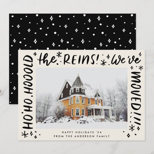Funny House Moving Black Lettering Christmas Photo Holiday Card (Front/Back)