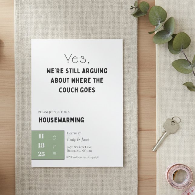Funny Housewarming Invitation • Couch Quote Design (Funny housewarming invitation flat lay on linen and wood with eucalyptus and house keys.)