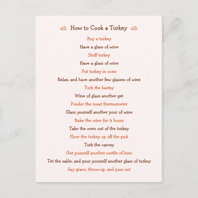 Funny How To Cook Turkey Thanksgiving Recipe Holiday Postcard (Front)