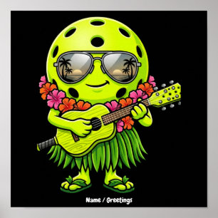 Funny Hula Pickleball Hawaiian Mascot Graphic Poster