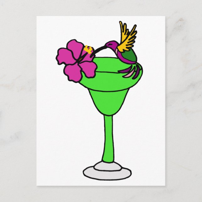 Funny Hummingbird and Hibiscus on Margarita Drink Postcard (Front)