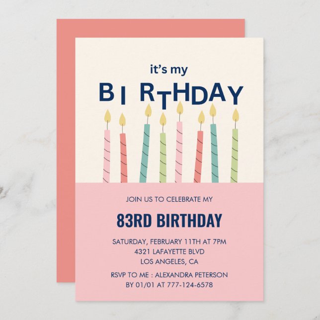 Funny Humour  Pink Candle 83rd birthday invitation (Front/Back)
