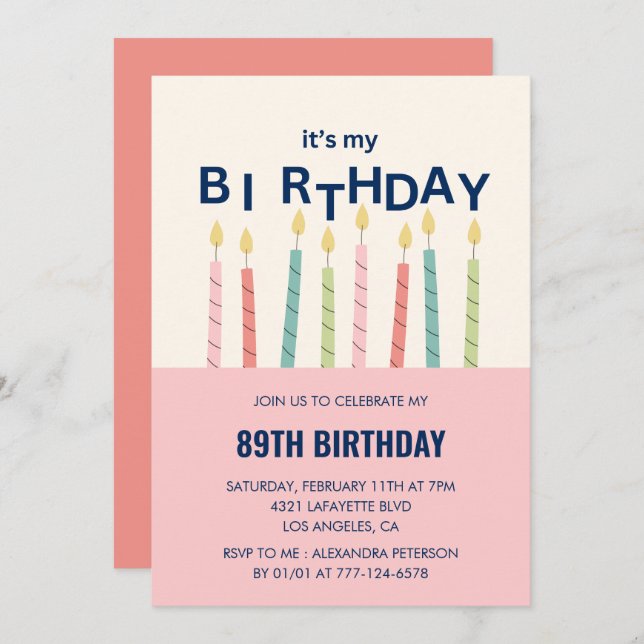 Funny Humour  Pink Candle 89th birthday invitation (Front/Back)