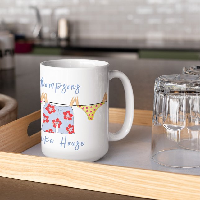 Funny Humour Summer Personalised  Coffee Mug (Whimsical swimsuits lake house personalized mug)