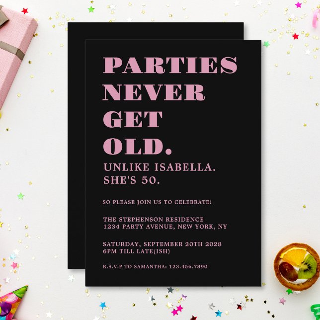 Funny Humourous 50th Birthday Black and Pink  Invitation (Creator Uploaded)