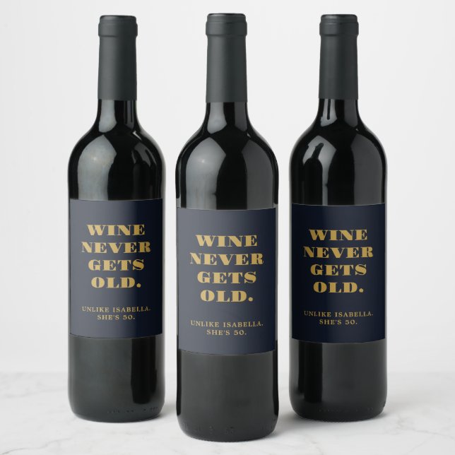 Funny Humourous 50th Birthday Navy Blue Gold Wine Label (Bottles)