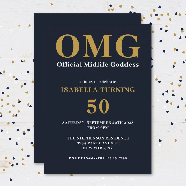 Funny Humourous 50th Birthday OMG Navy Blue Gold Invitation (Creator Uploaded)