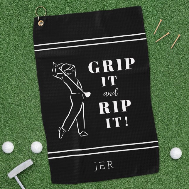 Funny Humourous Golf Grip It Rip Mens Black Custom Golf Towel (Funny Humorous "Grip It & Rip It!" Custom Men's Black & White Golf Towel Unique Golfer Gift For Him.)