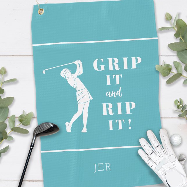 Funny Humourous Golf Grip Rip Ladies Custom Teal Golf Towel (Creator Uploaded)