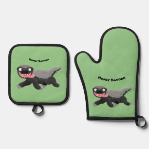 Funny hungry honey badger cartoon illustration oven mitt & pot holder set