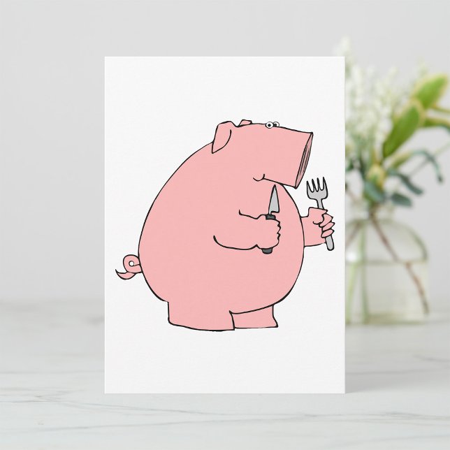 Funny Hungry Pig Holding Fork and Knife Invitation (Creator Uploaded)