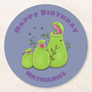 Funny hungry pitcher plants cartoon illustration round paper coaster