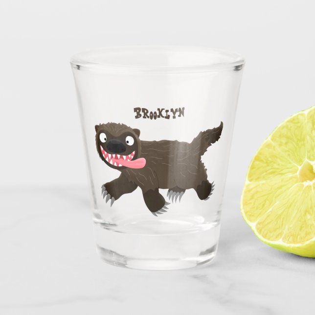 Funny hungry wolverine animal cartoon shot glass (Front)