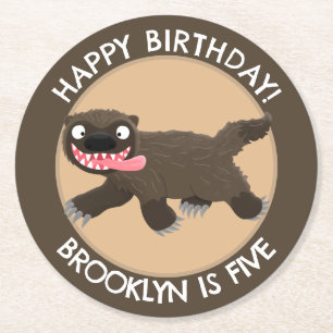 Funny hungry wolverine personalised birthday round paper coaster