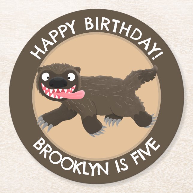 Funny hungry wolverine personalised birthday round paper coaster (Front)