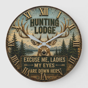 Funny Hunting Lodge Rustic Deer Hunter Decor Large Clock