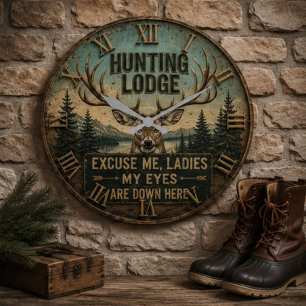 Funny Hunting Lodge Rustic Deer Hunter Decor Large Clock