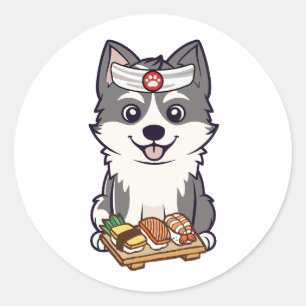 Funny husky dog is a sushi chef classic round sticker