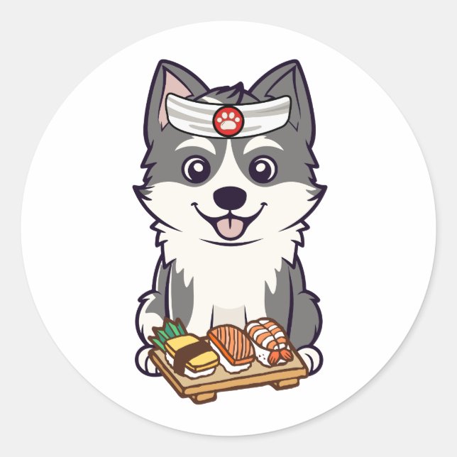 Funny husky dog is a sushi chef classic round sticker (Front)