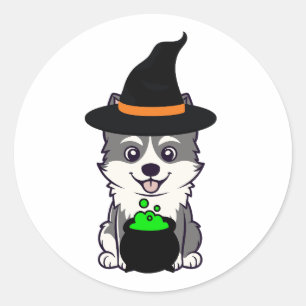 Funny husky dog is a witch classic round sticker