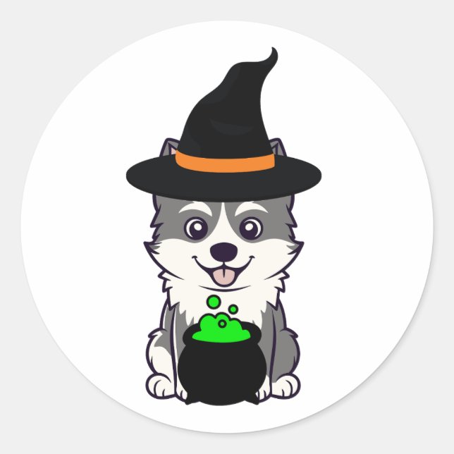 Funny husky dog is a witch classic round sticker (Front)
