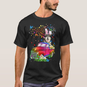 Funny Husky Sibir Dog Bunny Truck Hunting Eggs Tre T-Shirt