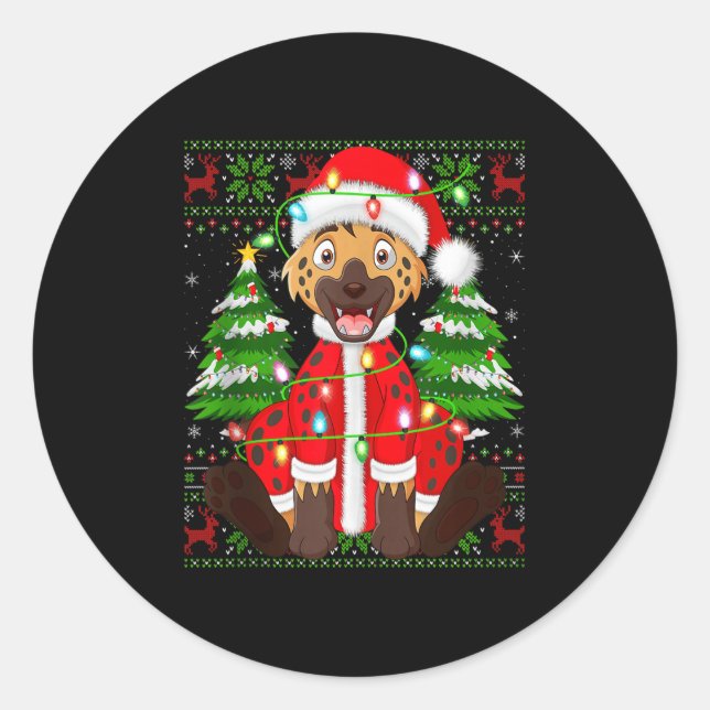 Funny Hyena Christmas Lights Santa Costume Ugly Xm Classic Round Sticker (Front)