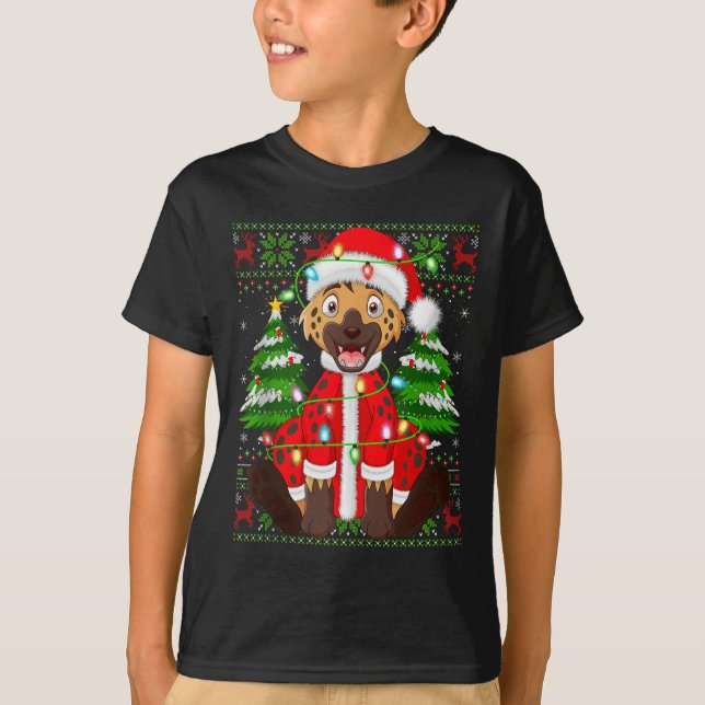Funny Hyena Christmas Lights Santa Costume Ugly Xm T-Shirt (Front)