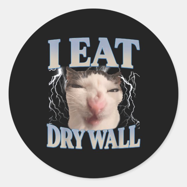 Funny I Eat Dry Wall Silly Cat Meme Men Women Kids Classic Round Sticker (Front)