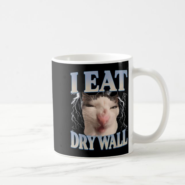 Funny I Eat Dry Wall Silly Cat Meme Men Women Kids Coffee Mug (Right)
