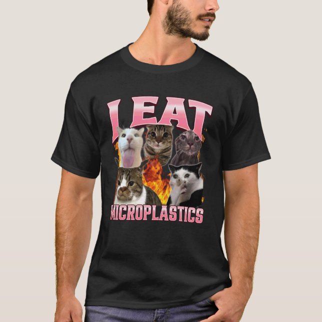 Funny I Eat Microplastics Humour Cat Meme Bootleg  T-Shirt (Front)