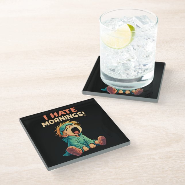 Funny I Hate Mornings Sleepy Glass Coaster (Angled)