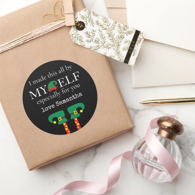 Funny I made this by My Elf Name Black Classic Round Sticker (Gifting)