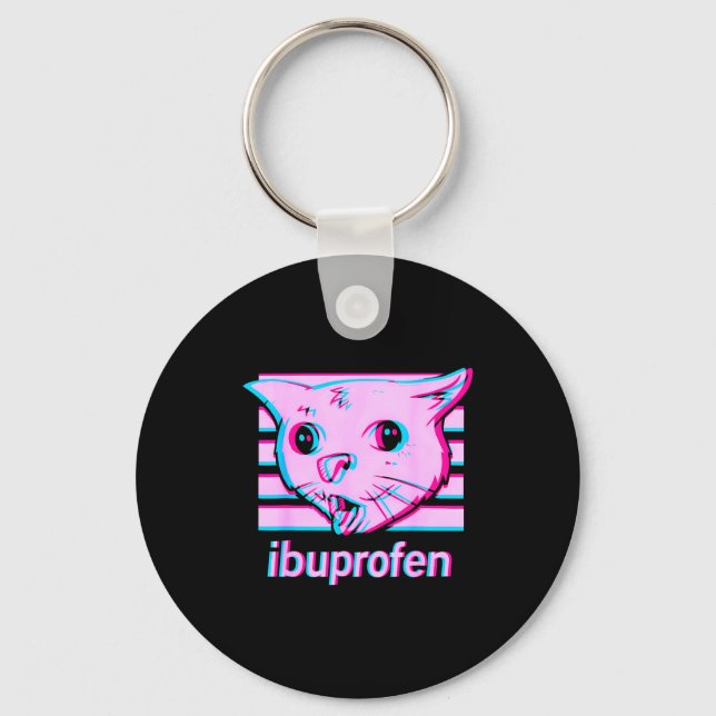 Funny ibuprofen cat meme with cringe feline face key ring (Front)