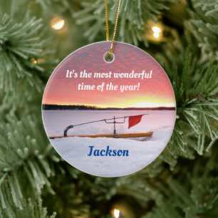 Funny Ice Fishing Holiday Ceramic Ornament