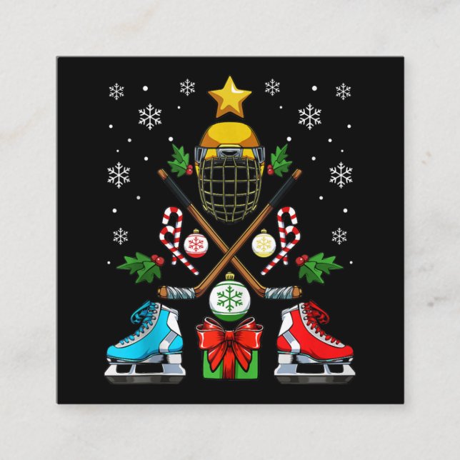 Funny Ice Hockey Christmas Ornament Tree Xmas Boys Square Business Card (Front)