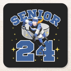Funny Ice Hockey Senior 2024 Square Paper Coaster