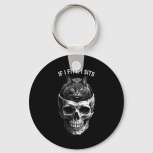 Funny if fits sit black cat skull minimalist meme key ring