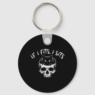 Funny If Fits Sit Black Cat Skull Minimalist Meme Key Ring