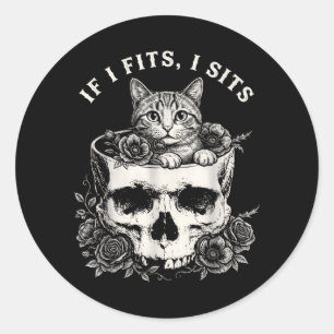 Funny If Fits Sits Black Cat with Skull Meme Humou Classic Round Sticker
