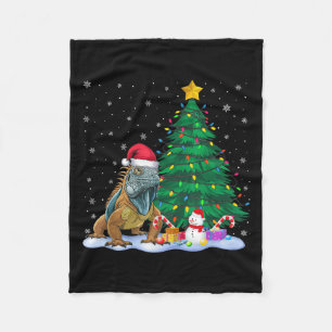 Funny Iguana Xmas Tree Lights Reindeer Hat Christm Fleece Blanket