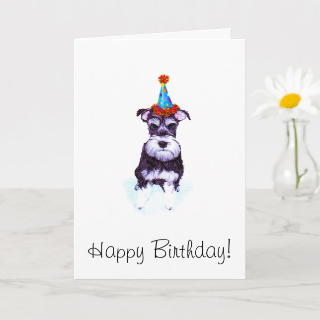 Funny illustrated schnauzer puppy party hat card (Small Plant)
