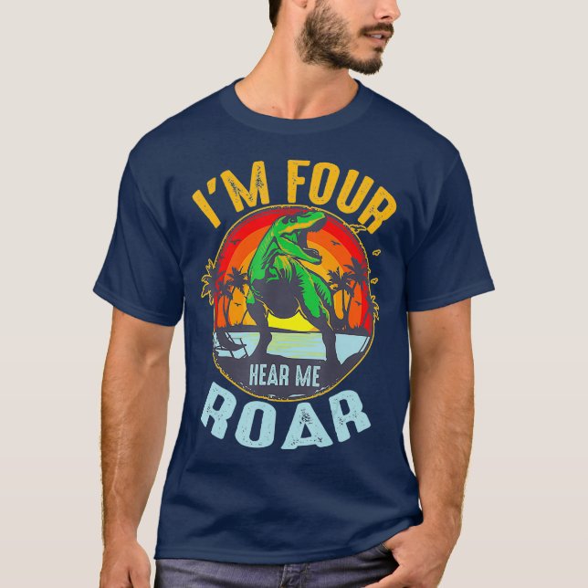 Funny Im 4 Birthday Hear Me Roar Gift For Kids T-Shirt (Front)