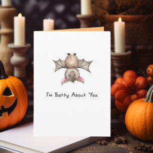 Funny I'm Batty About You Halloween Watercolor Bat Card