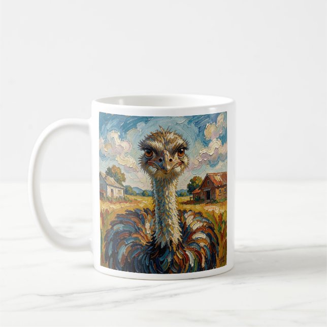 Funny Impasto Ostrich on a Ranch Personalised Coffee Mug (Left)