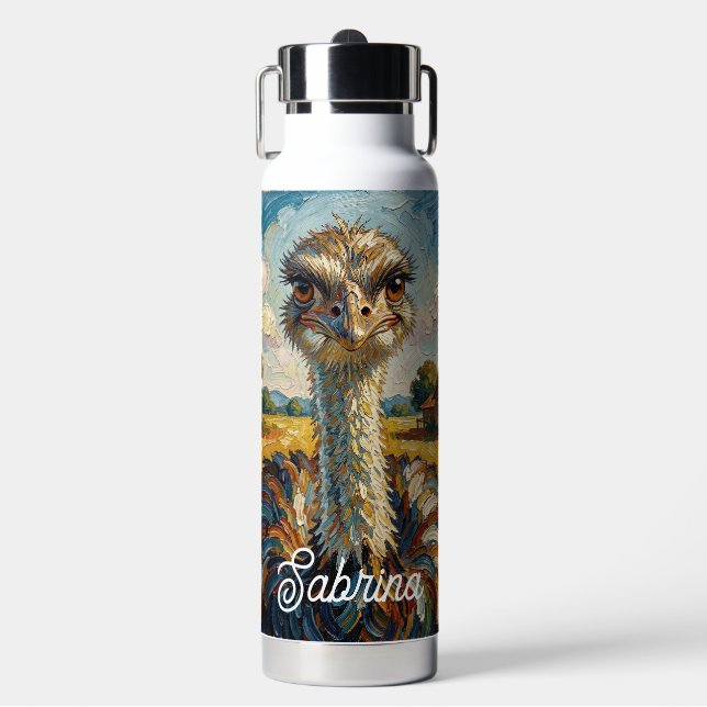 Funny Impasto Ostrich on a Ranch Personalised Water Bottle (Front)