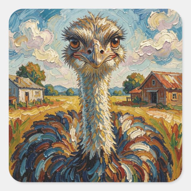 Funny Impasto Ostrich on a Ranch  Square Sticker (Front)